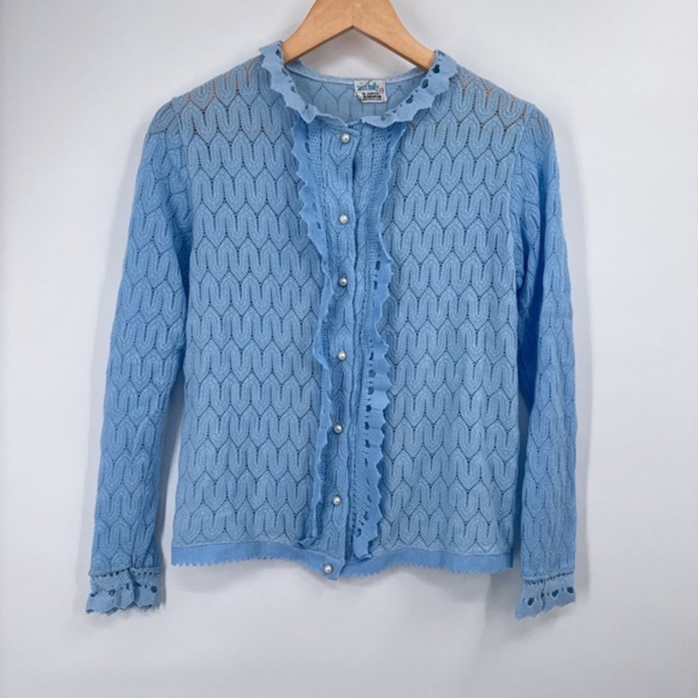 Vintage 70s Blue Open Knit Cardigan  Womens M Lace Coquette Pastel Feminine Cute